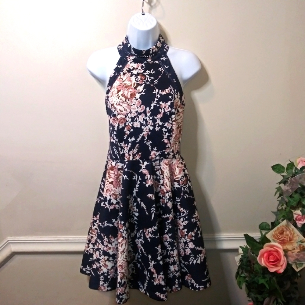 B. Darlin Navy & Mauve Rose Floral Halter Style Skater Dress